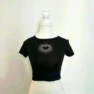 Garage | womens small stormi tee  (crop baby tee) Jet Black Rhinestone Heart